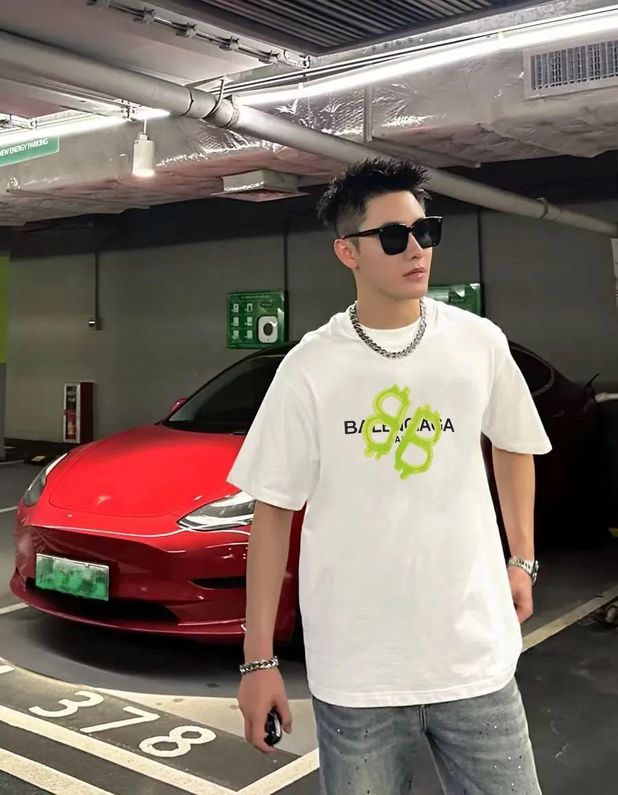 P80✨🔥 BALENCIAGA Paris lettering printed short-sleeved T-shirt, custom-woven and dyed 280g combed cotton heavyweight fabric, zero color difference in thread, perfect details, different from the current version on the market, welcome to compare, Same Style for men and women, must-sell in the picture above Color: White Black Size: 1 2 3 4